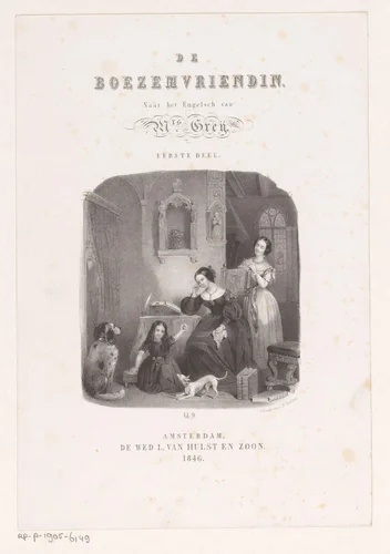 Twee vrouwen en een meisje in een interieur by anonymous, print, 1846