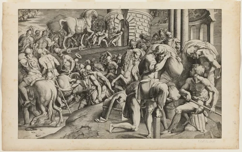 The Trojan Horse Being Dragged into the City of Troy by Giulio Bonasone, print, 1545