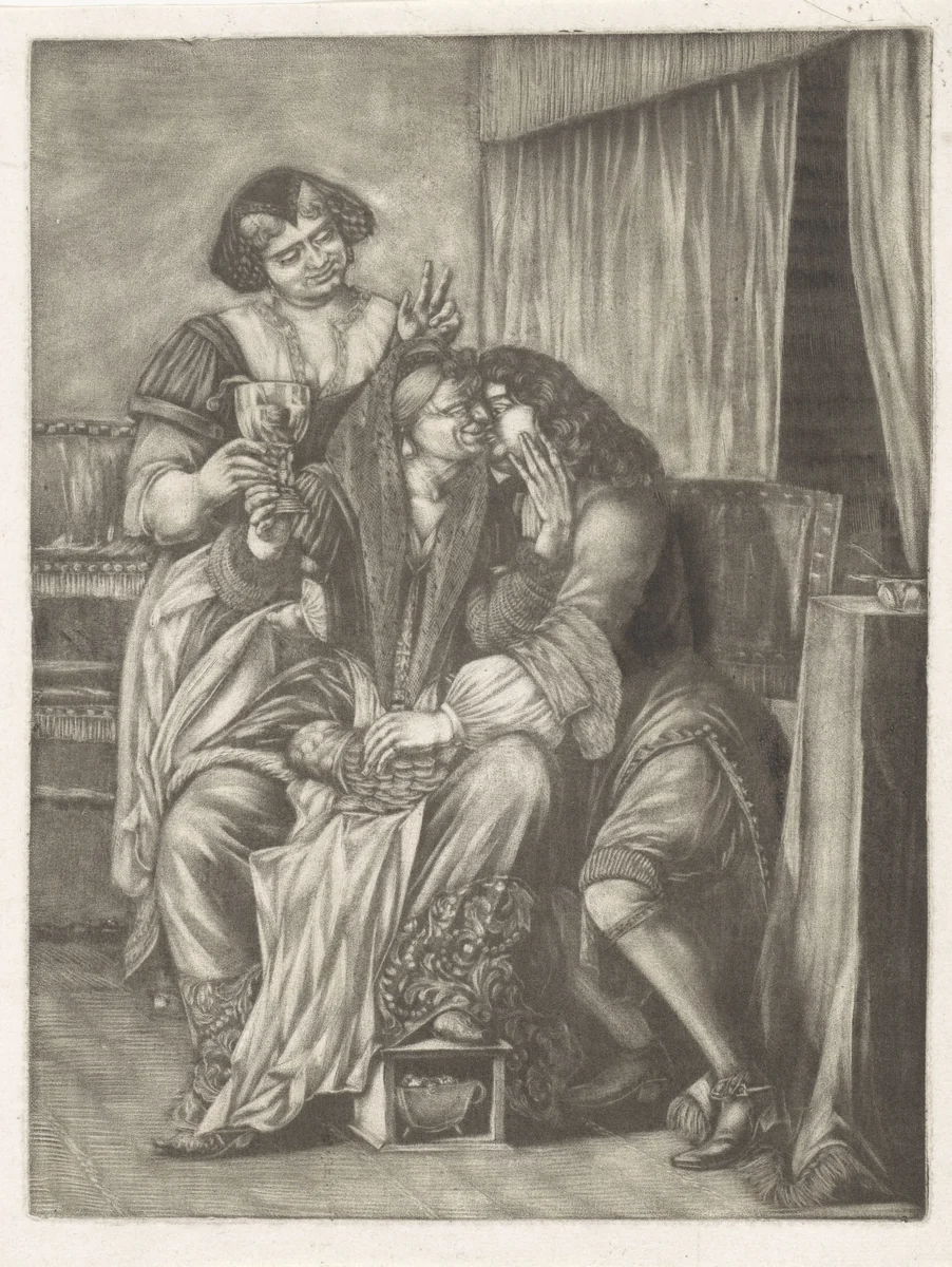 Oude vrouw en jonge man by anonymous, print, 1650-1800