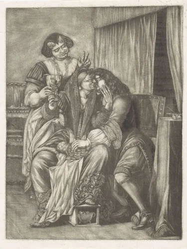 Oude vrouw en jonge man by anonymous, print, 1650-1800