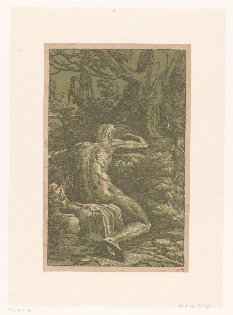 Naakte man in een landschap by Antonio da Trento, print, 1520-1550