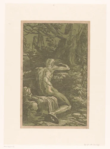 Naakte man in een landschap by Antonio da Trento, print, 1520-1550