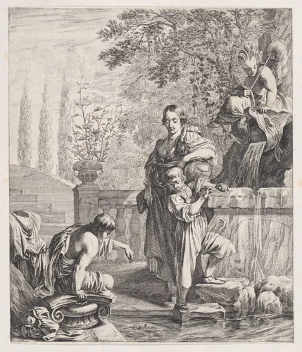Standing Woman with a Child near a Fountain by Dancker Danckerts, print, 1667