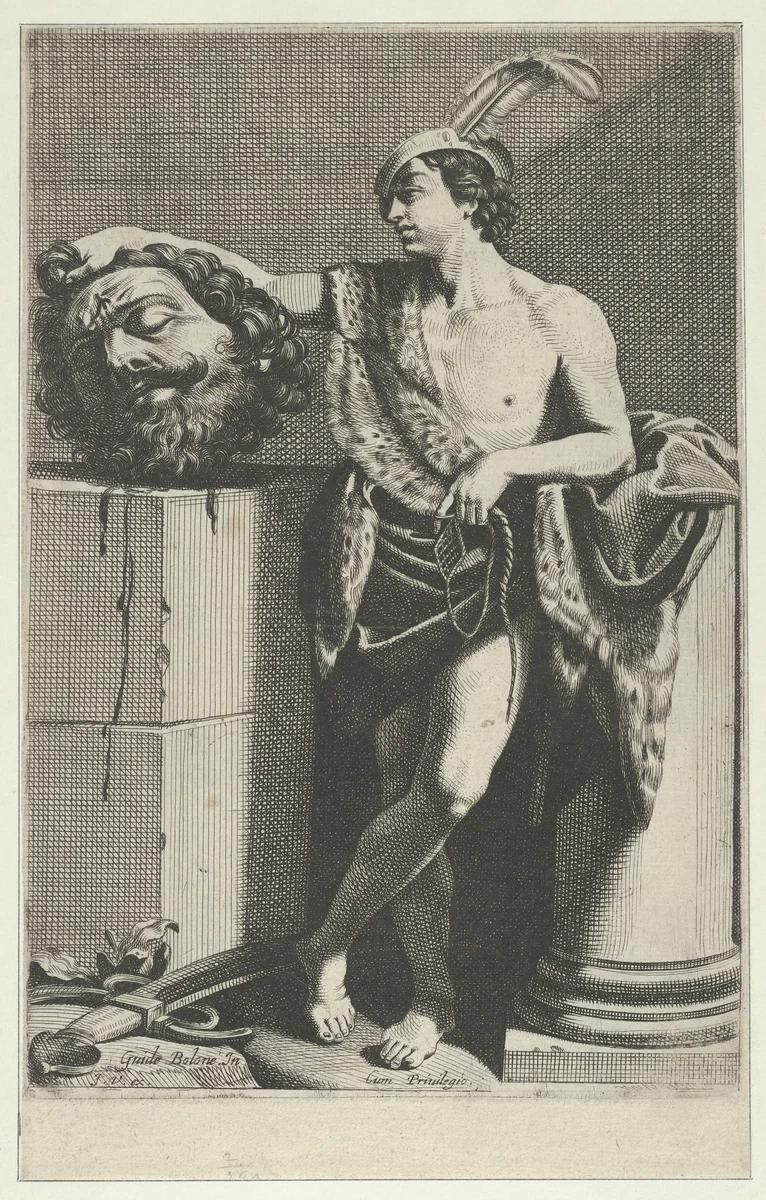 David standing with crossed legs and holding the head of Goliath on a pedestal at left, a sword on the ground, after Reni by anonymous, print, 1600-1700