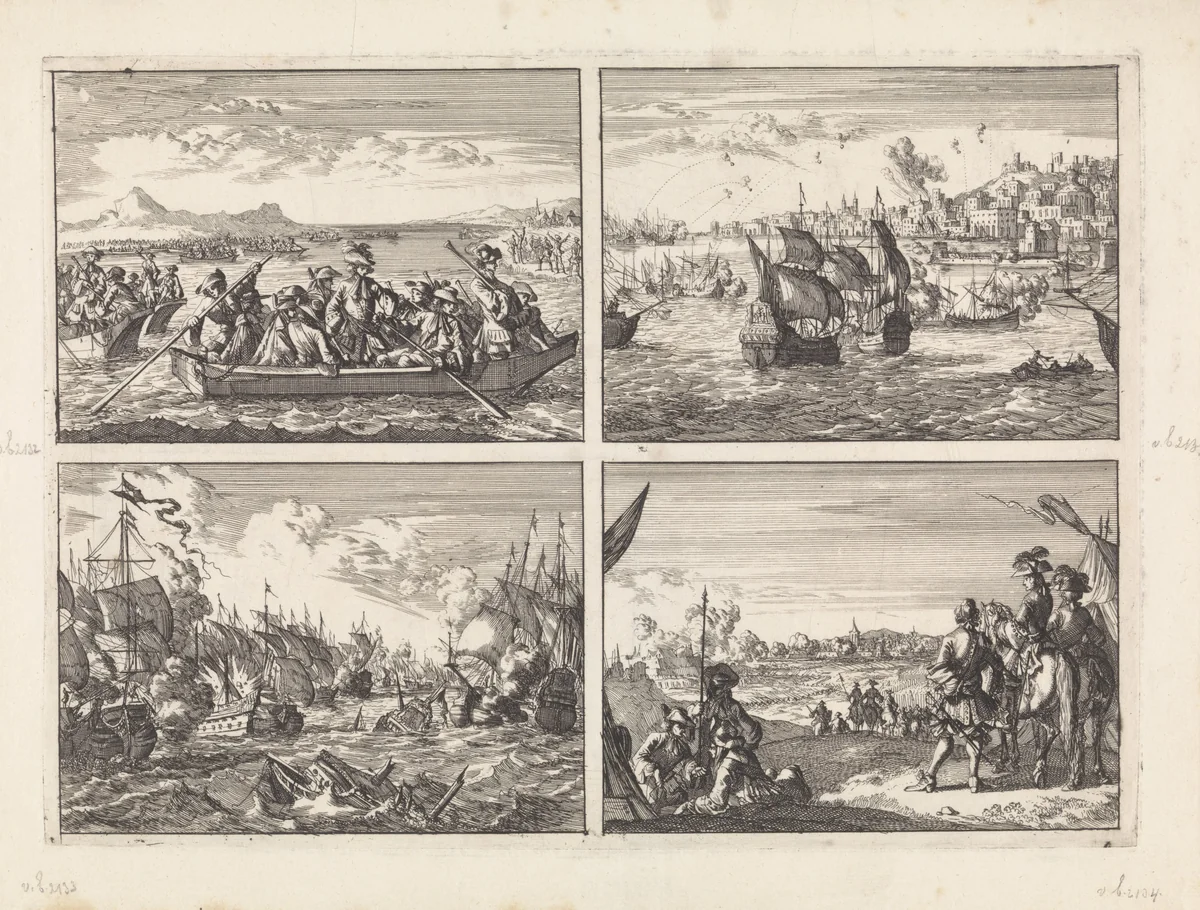 Uit Savoye verjaagde Waldenzen keren in schuiten over het meer van Genève terug naar hun land, 1689 / Genua door de Franse vloot gebombardeerd, 1684 / Slag bij Solebay, 1672 / Inname van Nijmegen door de Fransen, 1672 by Caspar Luyken, print, 1698