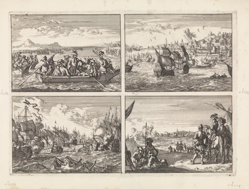 Uit Savoye verjaagde Waldenzen keren in schuiten over het meer van Genève terug naar hun land, 1689 / Genua door de Franse vloot gebombardeerd, 1684 / Slag bij Solebay, 1672 / Inname van Nijmegen door de Fransen, 1672 by Caspar Luyken, print, 1698