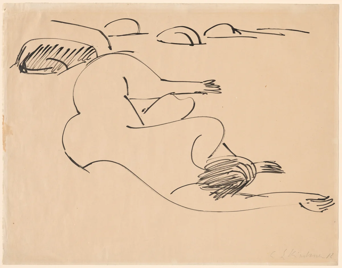 Erna Lying on the Beach among Rocks by Ernst Ludwig Kirchner, drawing, 1912