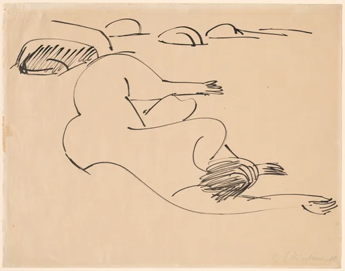 Erna Lying on the Beach among Rocks by Ernst Ludwig Kirchner, drawing, 1912