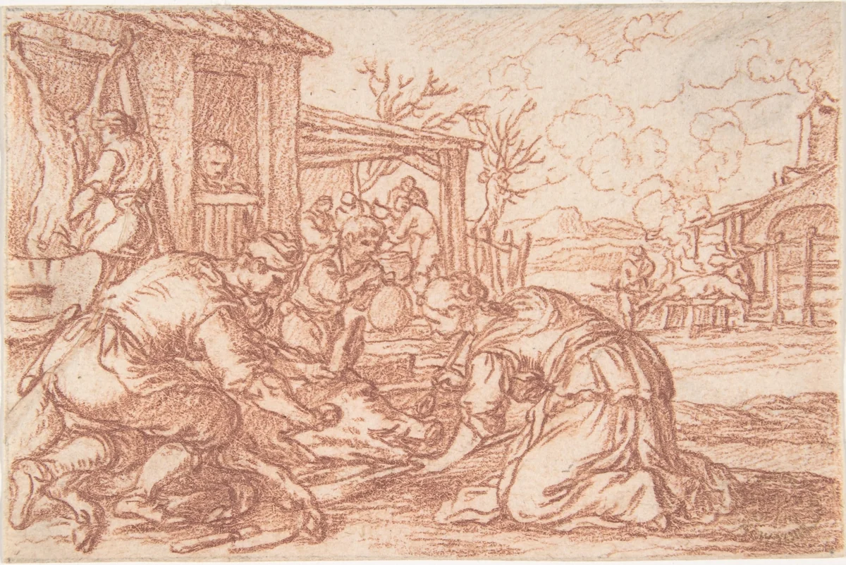 December (one of a series representing the labors of the months) by Jonas Umbach, drawing, 1690