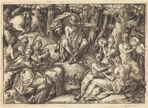 Apollo on Mount Parnassus by Etienne Delaune
Niccolò dell' Abate, print, 1569