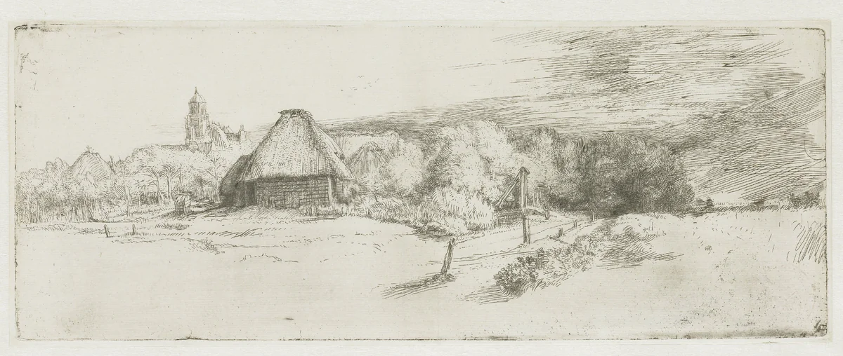Landscape with a farm building and the 'house with the tower' by Rembrandt van Rijn, print, 1650