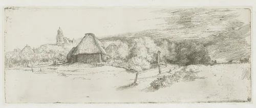 Landscape with a farm building and the 'house with the tower' by Rembrandt van Rijn, print, 1650