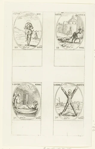 Heilige Livarius van Marsal, Heilige Saturninus van Toulouse, Heilige Joscion, Heilige Andreas (28-30 november) by Jacques Callot, print, 1632-1636