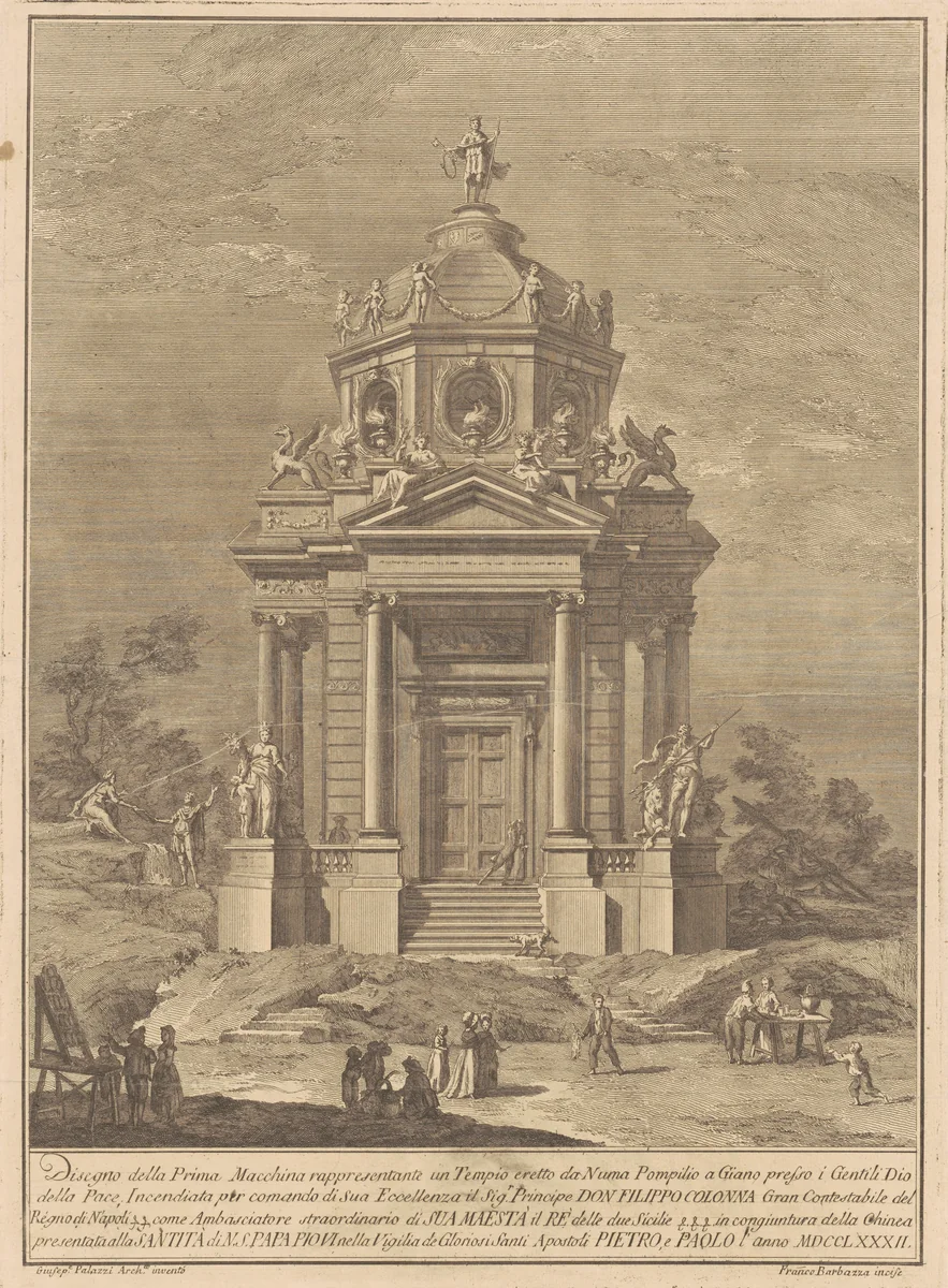 The Prima Macchina for the Chinea of 1782: The Temple of Janus Built by Numa Pompilius by Francesco Barbazza; Giuseppe Palazzi, print, 1782
