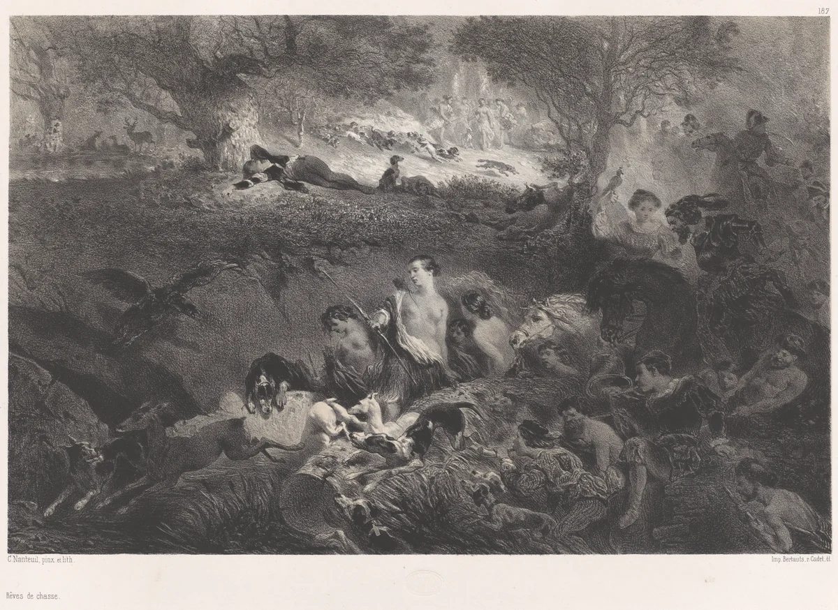 Dreams of Hunting by Célestin Nanteuil, print, 1858