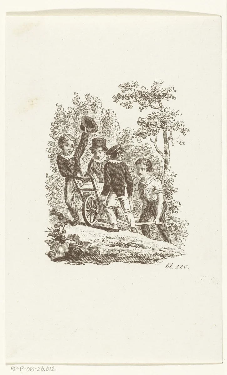 Vier jongens met kruiwagen by Johannes Best, print, 1807-1855
