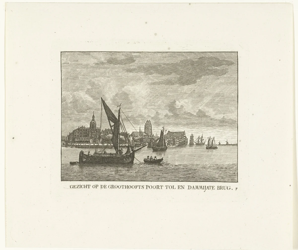 Gezicht over Merwede op Groothoofdspoort, Tol en Damiatebrug te Dordrecht by Carel Frederik Bendorp, print, 1803