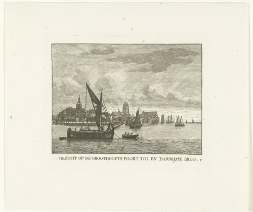 Gezicht over Merwede op Groothoofdspoort, Tol en Damiatebrug te Dordrecht by Carel Frederik Bendorp, print, 1803