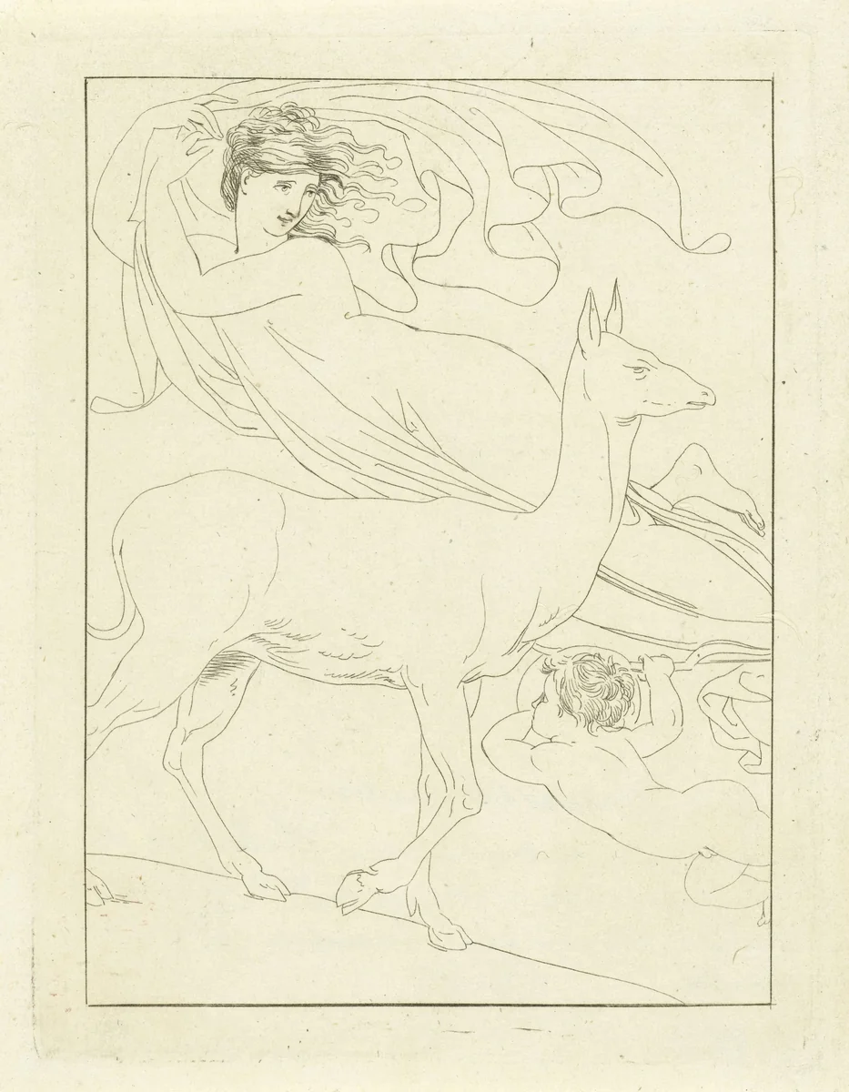 Venus en Amor zwevend in de lucht bij hert by Jean Augustin Daiwaille, print, 1796-1850