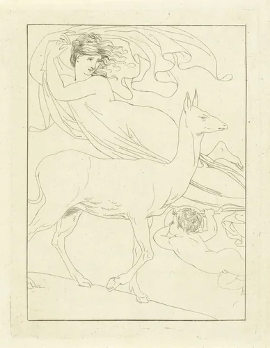 Venus en Amor zwevend in de lucht bij hert by Jean Augustin Daiwaille, print, 1796-1850
