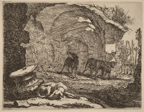 Four Dogs, One Sleeping beside a Capital by Jan Fyt, print, 1642