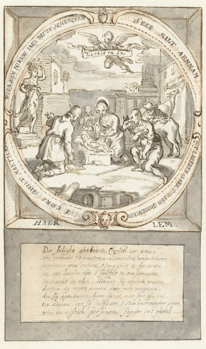 Aanbidding der herders by Jacob Matham, drawing, 1601-1606