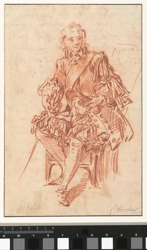 Jodelet sitting on a chair by François Boucher, drawing, 1713-1734