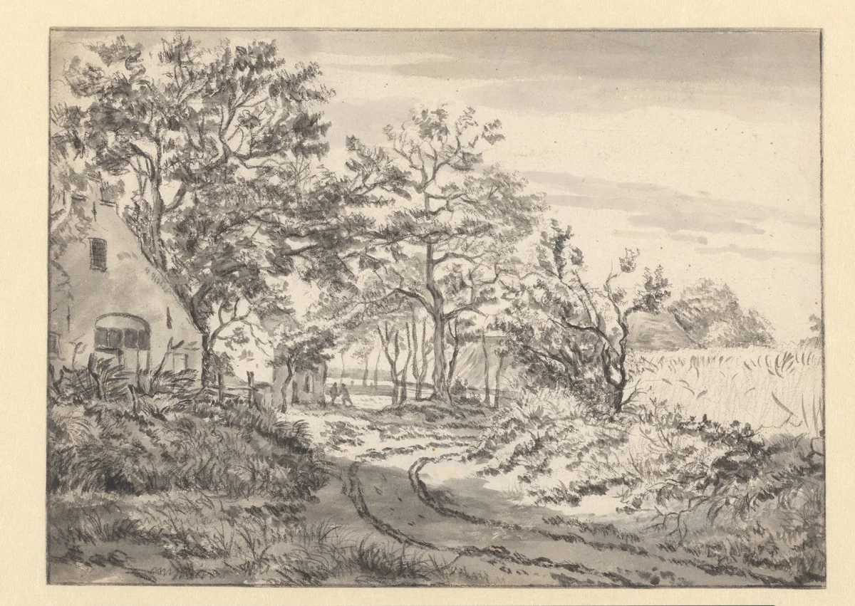 Landscape with a Country Lane beside a Cottage and a Cornfield at the Right by Jan van Kessel, drawing, 1665-1680