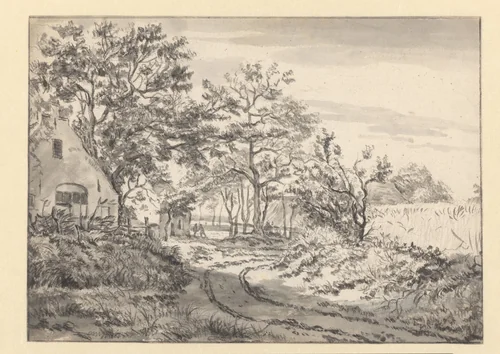 Landscape with a Country Lane beside a Cottage and a Cornfield at the Right by Jan van Kessel, drawing, 1665-1680