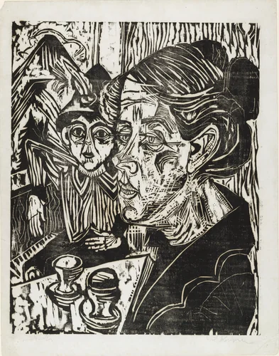 Peasant Woman with Boy at Table (Bäuerin mit Knaben am Tisch) by Ernst Ludwig Kirchner, print, 1917