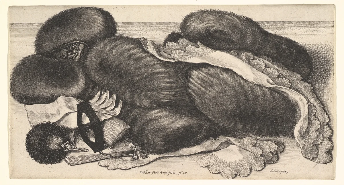 Muffs and Articles of Clothing on a Table by Wenceslaus Hollar, print, 1647