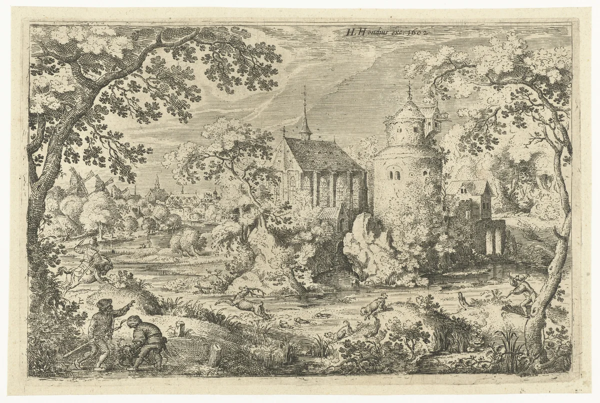 Hertenjacht bij een kapel by Jacob Savery, print, 1602
