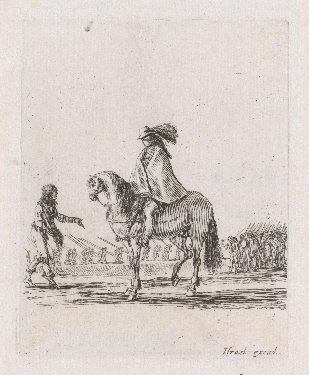 Ruiter met mantel te paard, pratend met een staande man by Stefano della Bella, print, 1620-1664