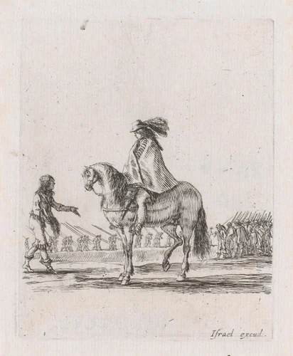 Ruiter met mantel te paard, pratend met een staande man by Stefano della Bella, print, 1620-1664