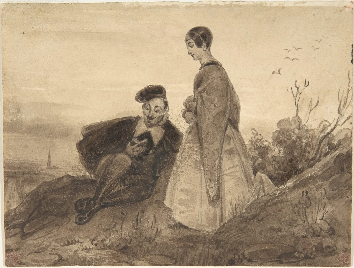 Man and woman in a landscape (Faust and Marguerite) by Richard Parkes Bonington, drawing, 1821-1832