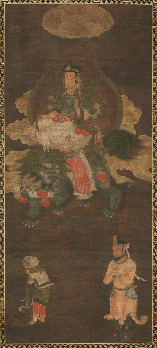 Shakyamuni Triad: Buddha Attended by Manjushri and Samantabhadra (Bodhisattva with Lion) by Unknown, painting, 1350-1368