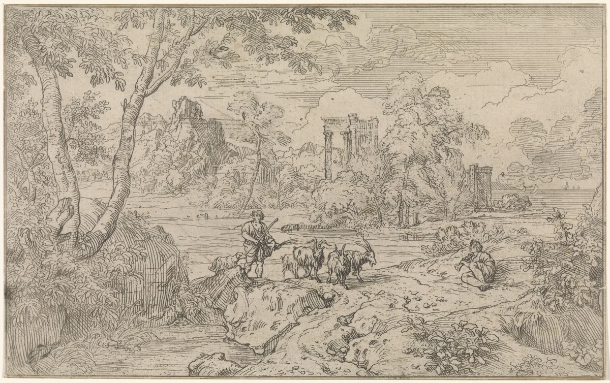 Arcadisch landschap met geitenhoeder by Abraham Genoels, print, 1650-1723