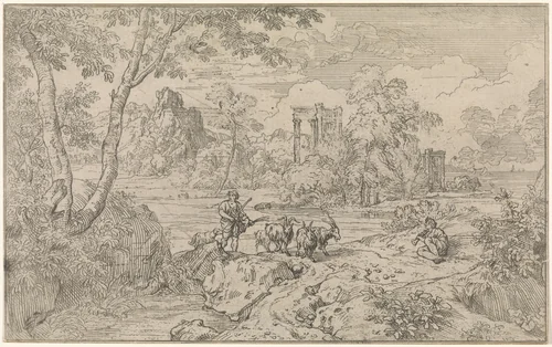 Arcadisch landschap met geitenhoeder by Abraham Genoels, print, 1650-1723
