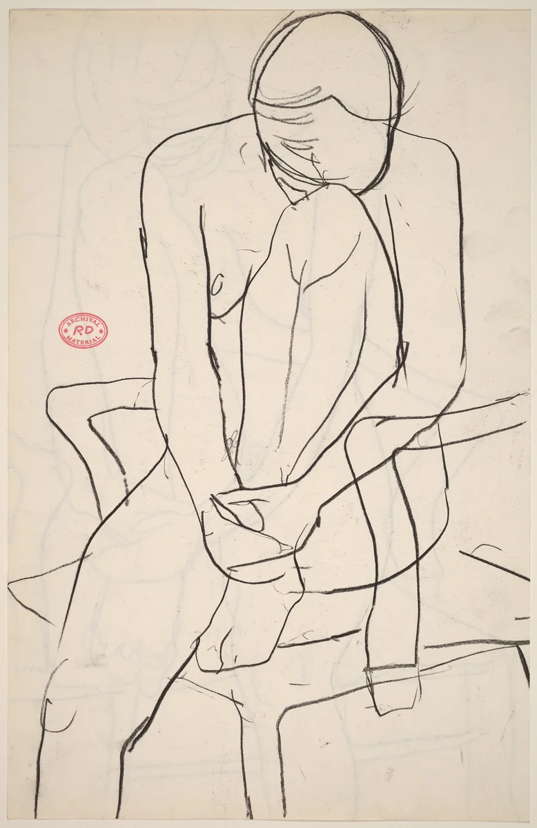 Untitled [seated nude with resting her head on her knee] [recto] by Richard Diebenkorn, drawing, 1955-1967