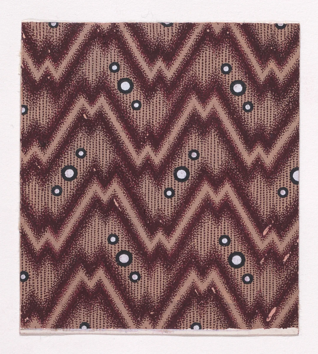 Textile Design of Horizontal Zig-Zagging Ribbons and Alternating Diagonal Groups of Three Pearls over a Striped Background by anonymous, drawing, 1840