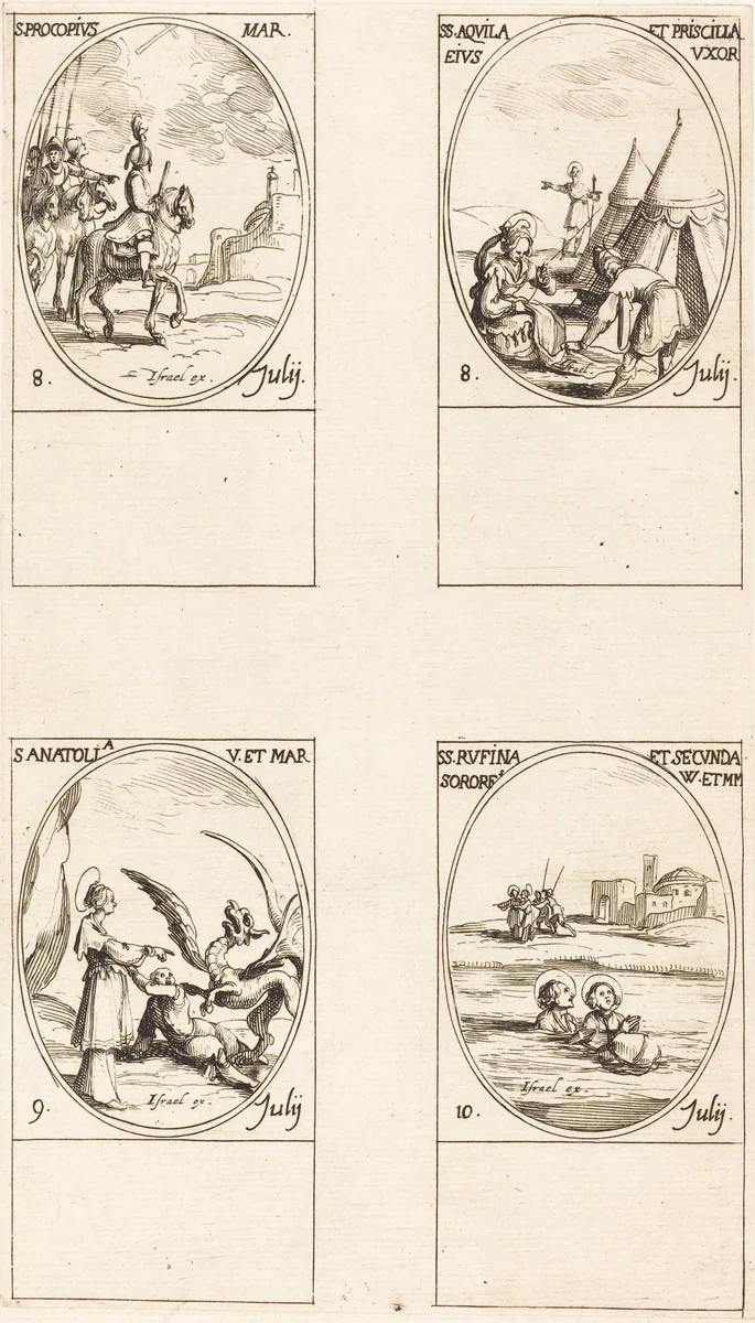 St. Procopius; Sts. Aquila and Prisca; St. Anatolia; Sts. Rufina and Secunda by Jacques Callot, print, 1627-1637