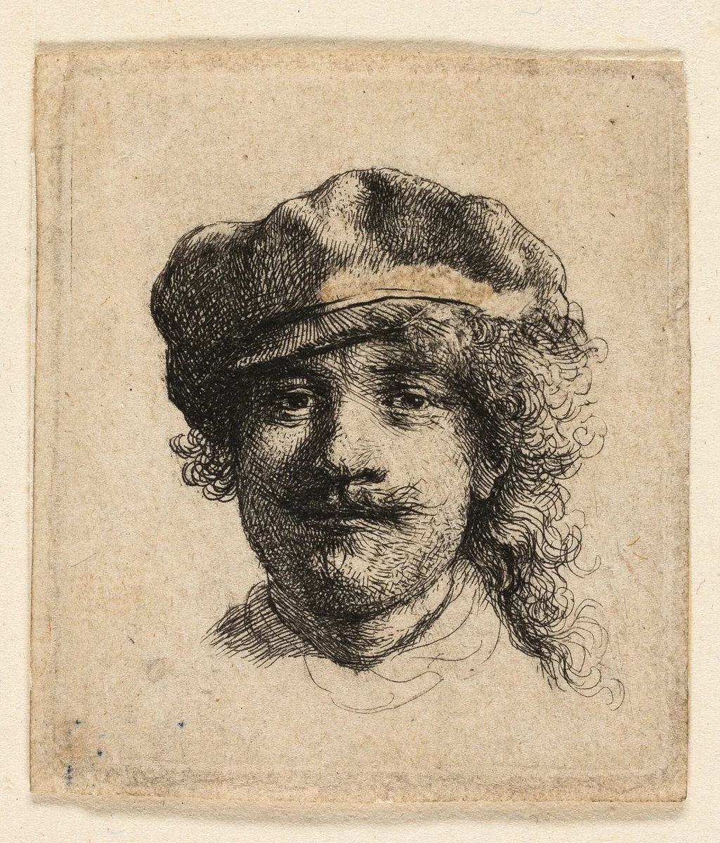Rembrandt Wearing a Soft Cap: Full Face: Head Only by Rembrandt van Rijn, print, 1629-1639