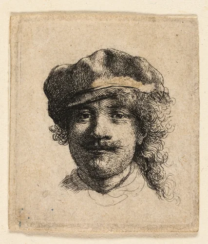 Rembrandt Wearing a Soft Cap: Full Face: Head Only by Rembrandt van Rijn, print, 1629-1639