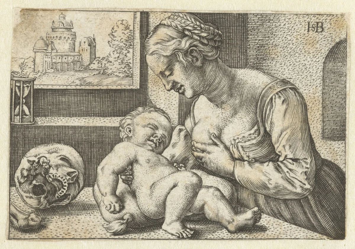 Maria geeft kind de borst en schedel by Unknown, print, 1512-1590