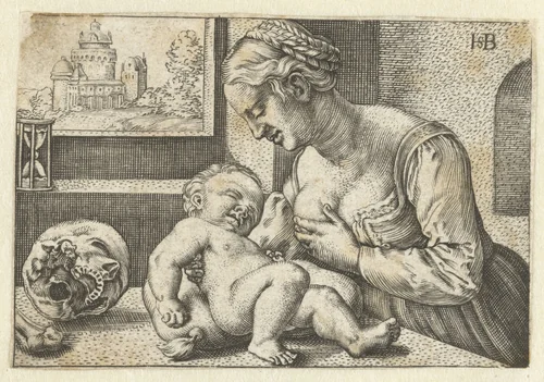 Maria geeft kind de borst en schedel by Unknown, print, 1512-1590