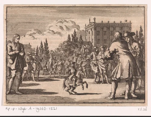 Op een plein te Madrid heeft zich een menigte verzameld rondom Louisillo, 1675 by Jan Luyken, print, 1698