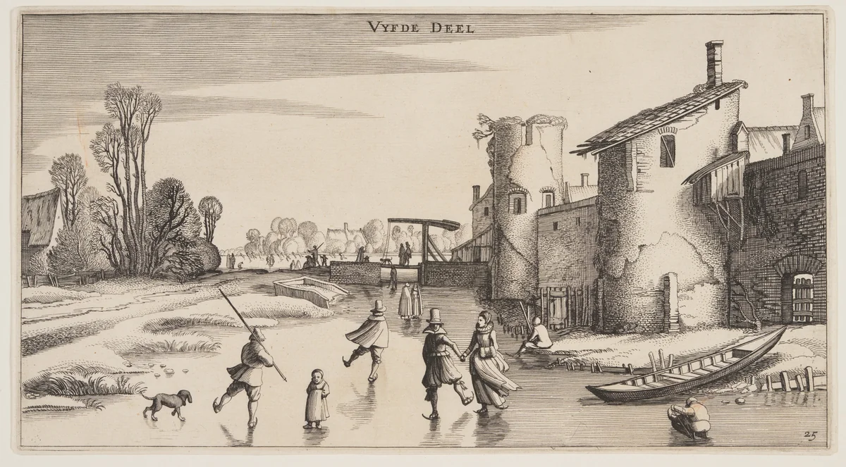 Winter Landscape with Skaters Along a Town-Wall, from Landscapes (Playsante Lantschappen) by Claes Jansz. Visscher II, print, 1641