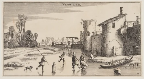 Winter Landscape with Skaters Along a Town-Wall, from Landscapes (Playsante Lantschappen) by Claes Jansz. Visscher II, print, 1641