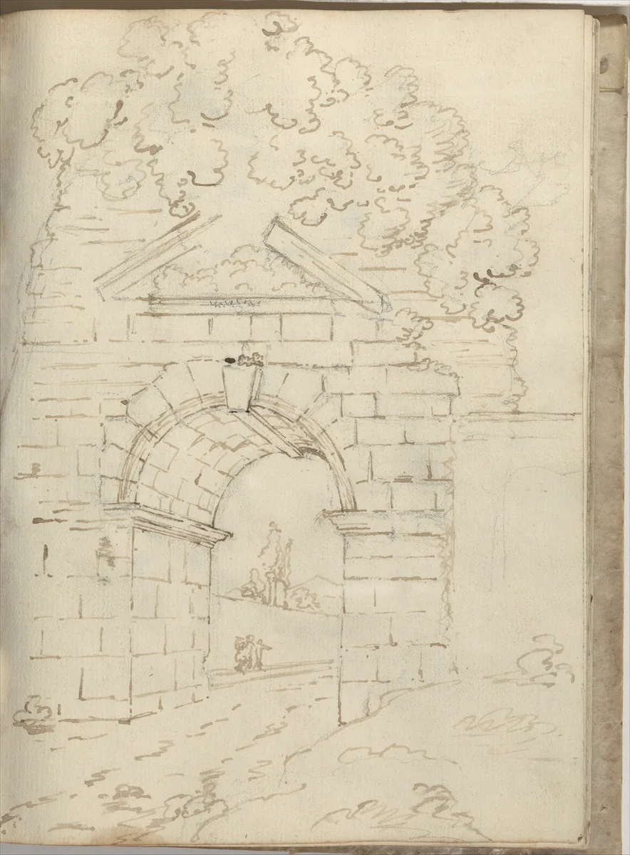 Overgrown Roman arch spanning a road (Smaller Italian sketchbook, leaf 34 recto) by Joseph Wright, drawing, 1774-1775