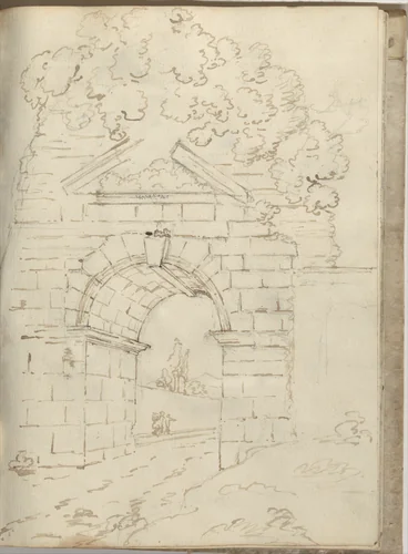 Overgrown Roman arch spanning a road (Smaller Italian sketchbook, leaf 34 recto) by Joseph Wright, drawing, 1774-1775